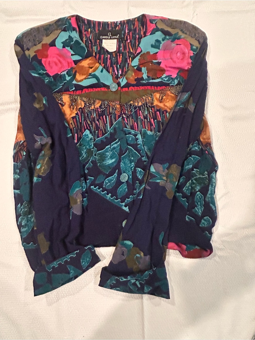 Carole Little Navy Floral Beaded Blouse with Shoulder Pads